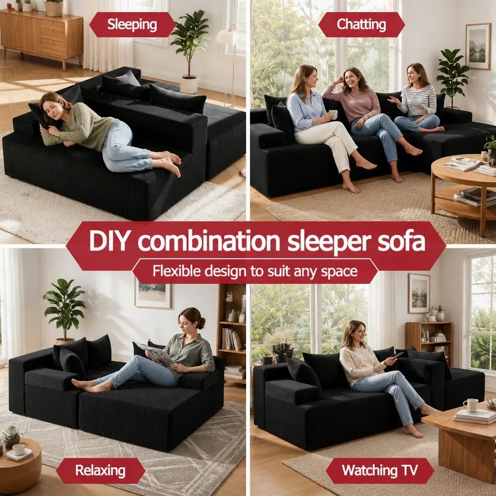 L-Shaped Modular Sectional Sofa Bed Convertible Couch Corduroy Fabric 4-Seater