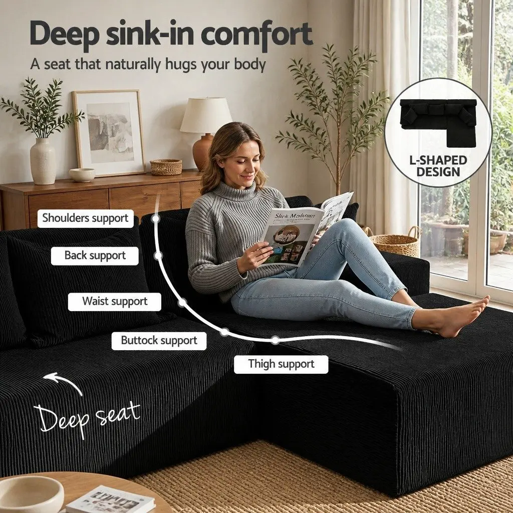 L-Shaped Modular Sectional Sofa Bed Convertible Couch Corduroy Fabric 4-Seater