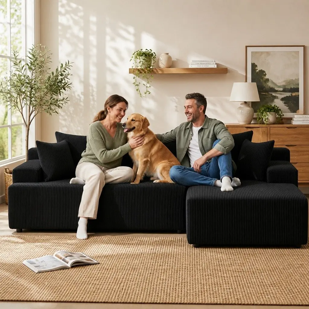 L-Shaped Modular Sectional Sofa Bed Convertible Couch Corduroy Fabric 4-Seater