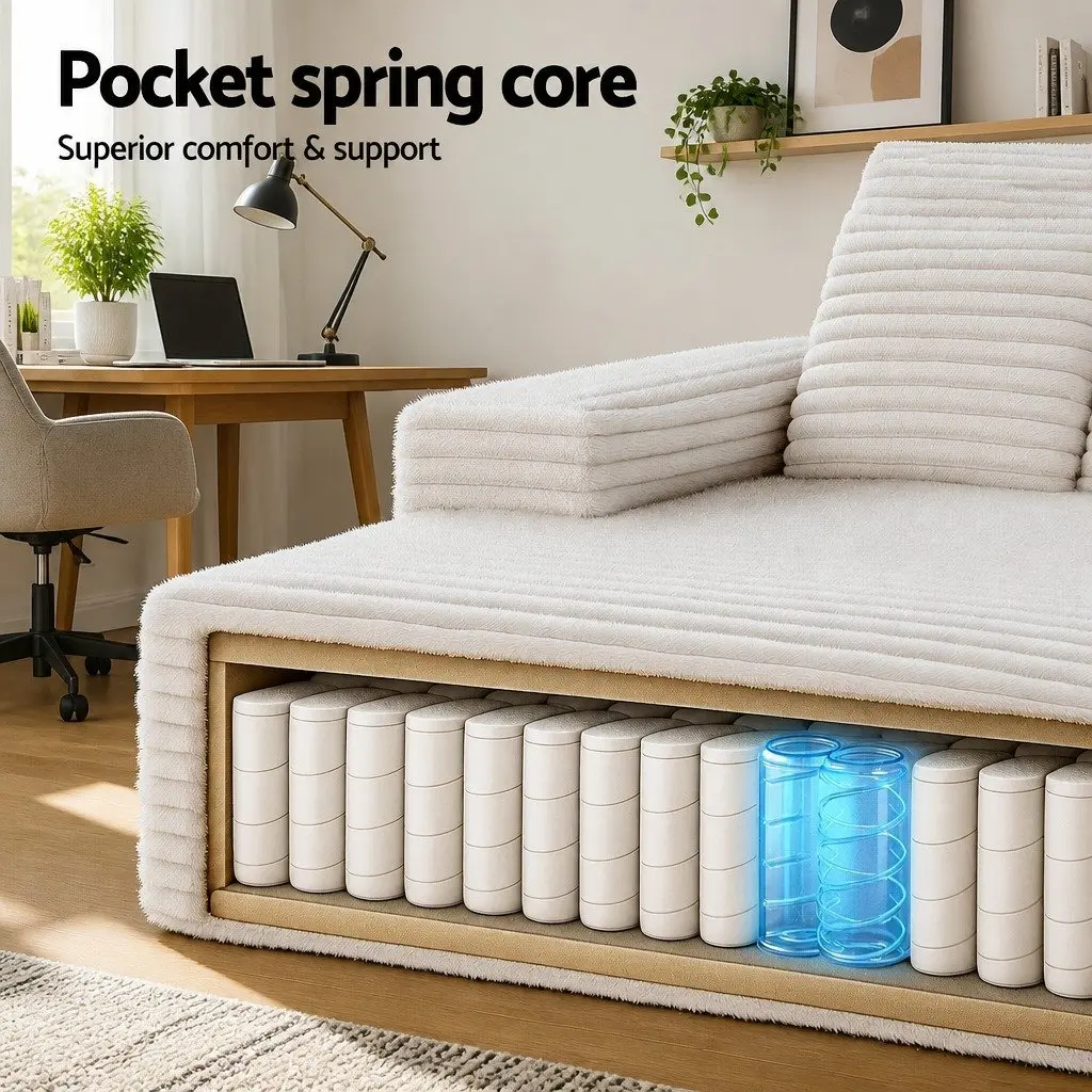 Sofa Bed Faux Fur Fabric Beige Modern Minimalist High-Density Foam Pocket Spring