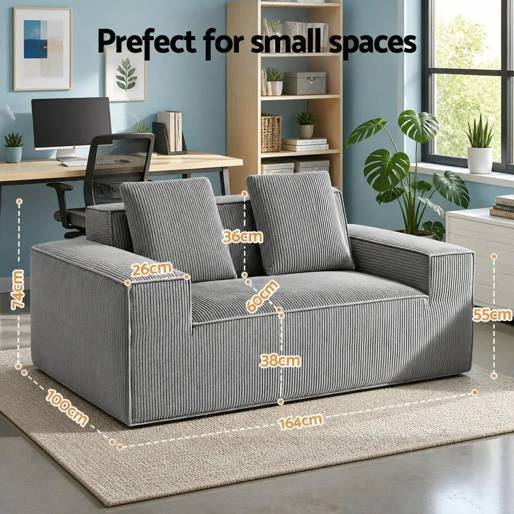2 Seater Loveseat Sofa Bed Couch No Assembly Required Corduroy Small Grey Sofa
