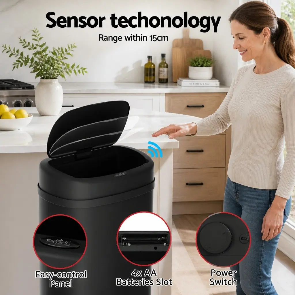 Automatic Bin Motion Sensor Hands-Free 50L Black Kitchen Trash Can