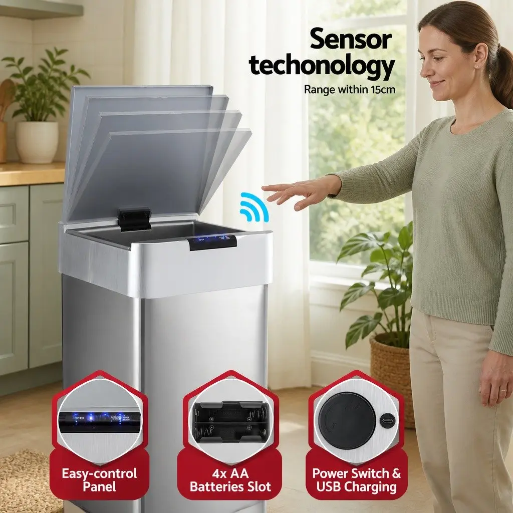 Automatic Trash Can Motion Sensor 50L Hands-Free Silver