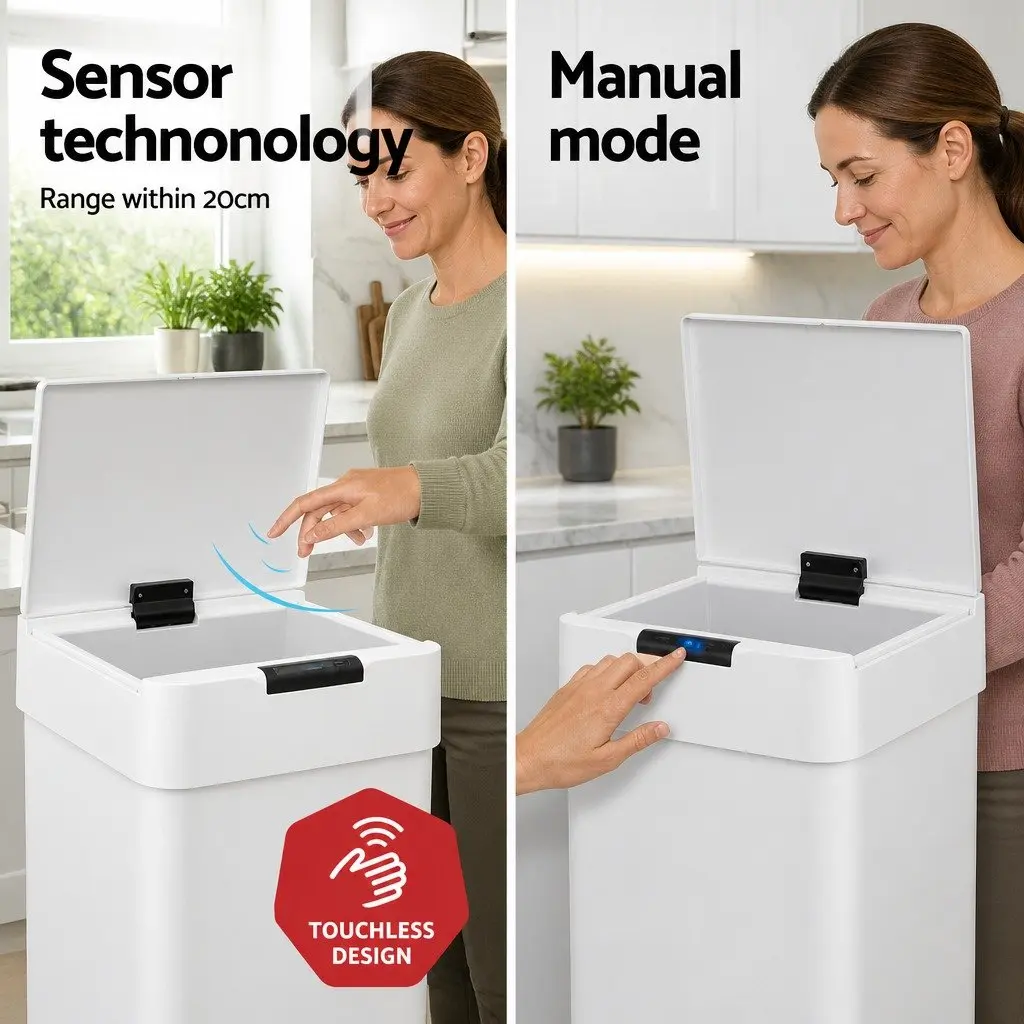 Automatic Trash Can 50L Hands-Free Motion Sensor White Odour-Control Iron Body