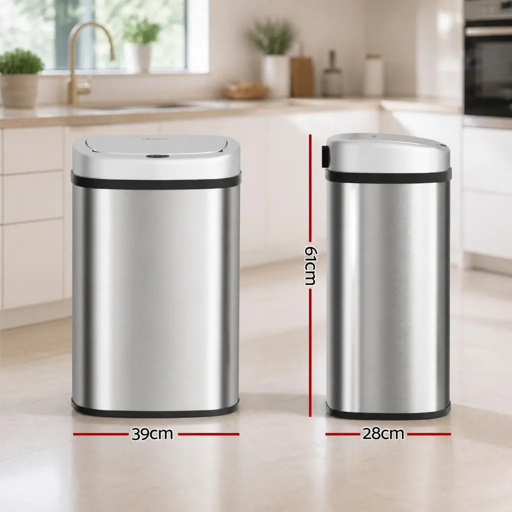 50L Silver Stainless Steel Motion Sensor Rubbish Bin Hands-Free Kitchen Waste