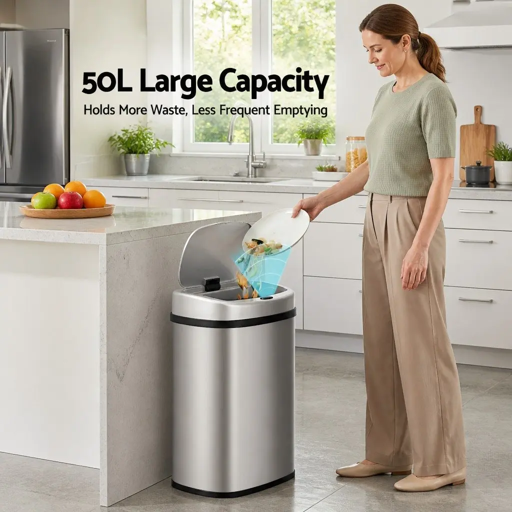50L Silver Stainless Steel Motion Sensor Rubbish Bin Hands-Free Kitchen Waste