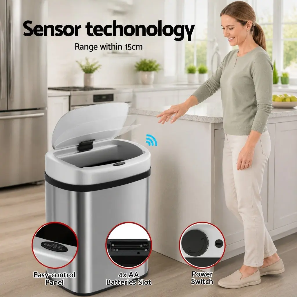 50L Silver Stainless Steel Motion Sensor Rubbish Bin Hands-Free Kitchen Waste