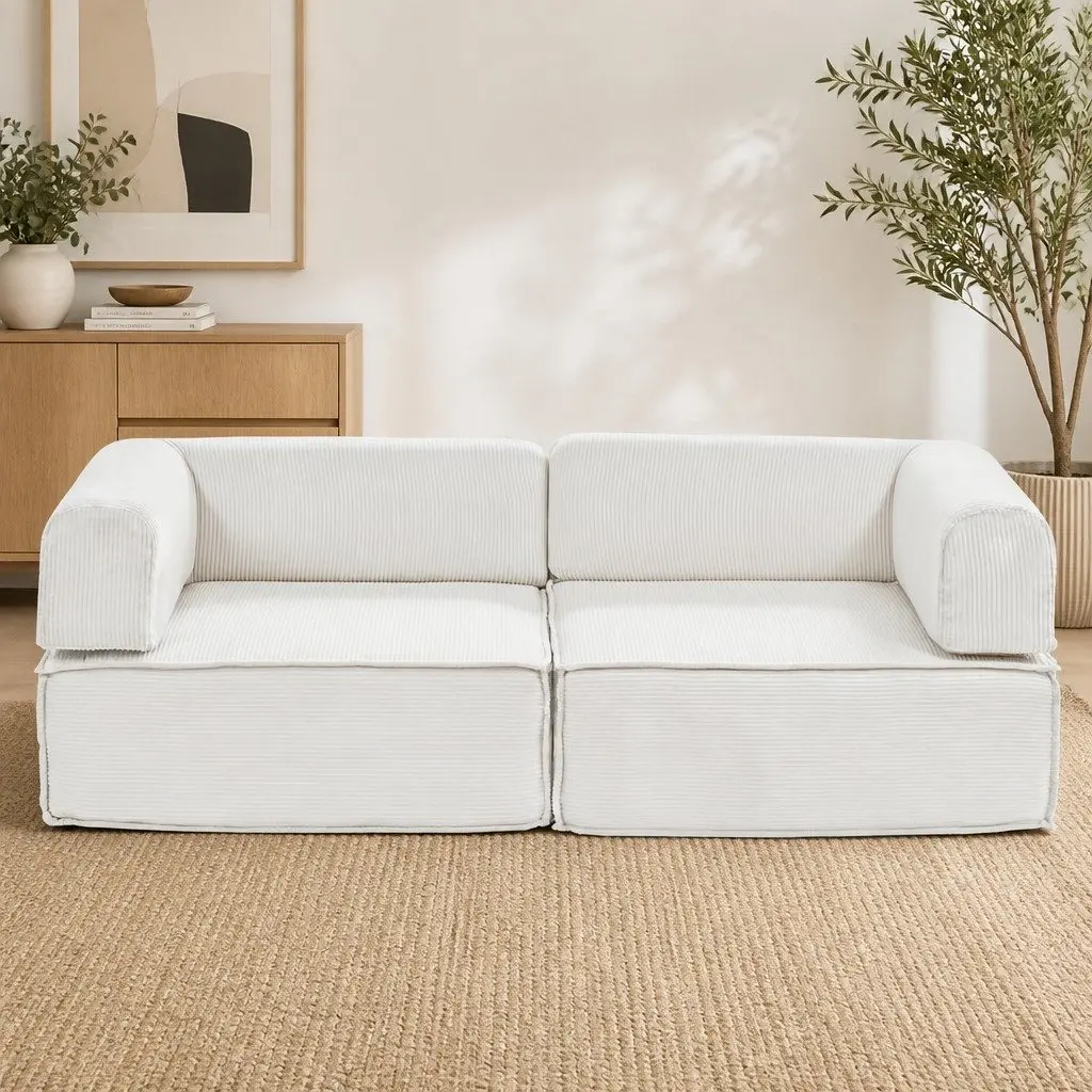 Convertible Sofa Bed Beige 2-Seater Steel Frame Corduroy Upholstery High-Density Mattress