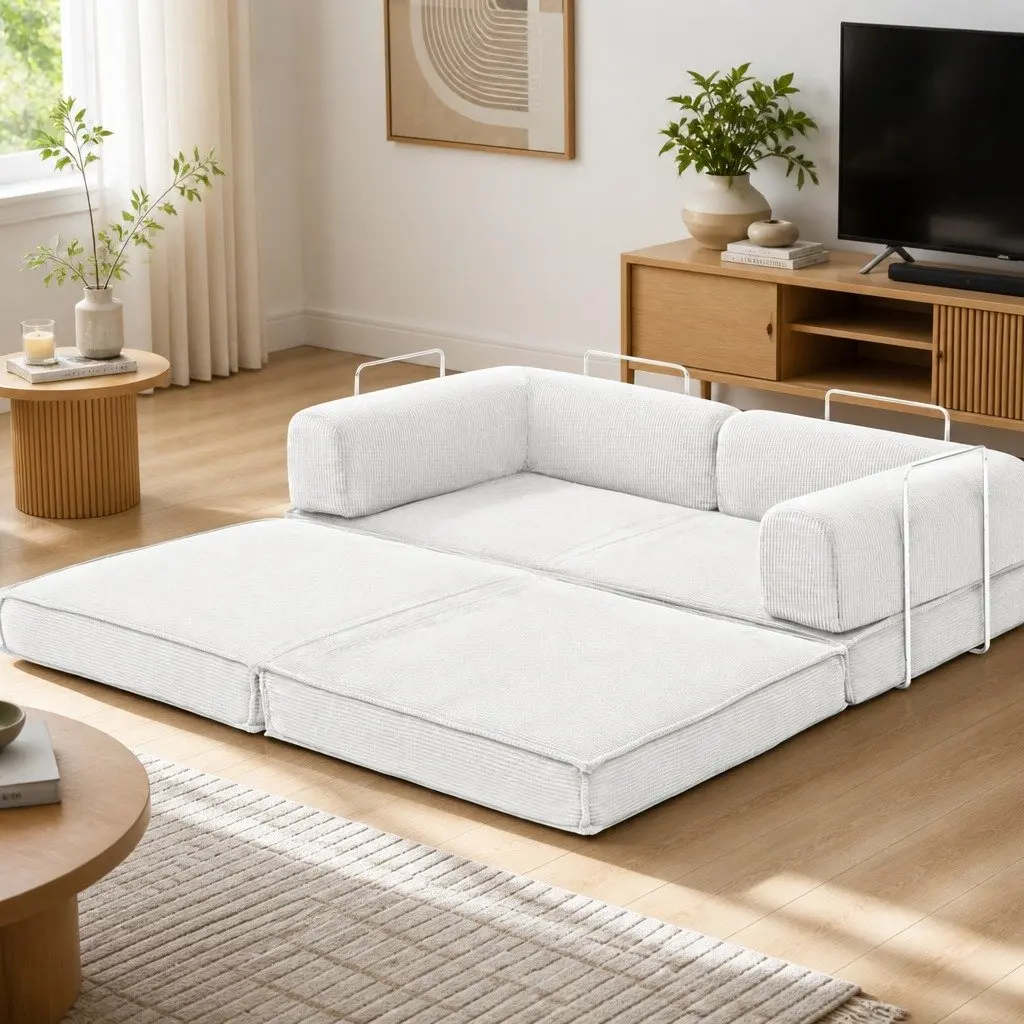 Convertible Sofa Bed Beige 2-Seater Steel Frame Corduroy Upholstery High-Density Mattress