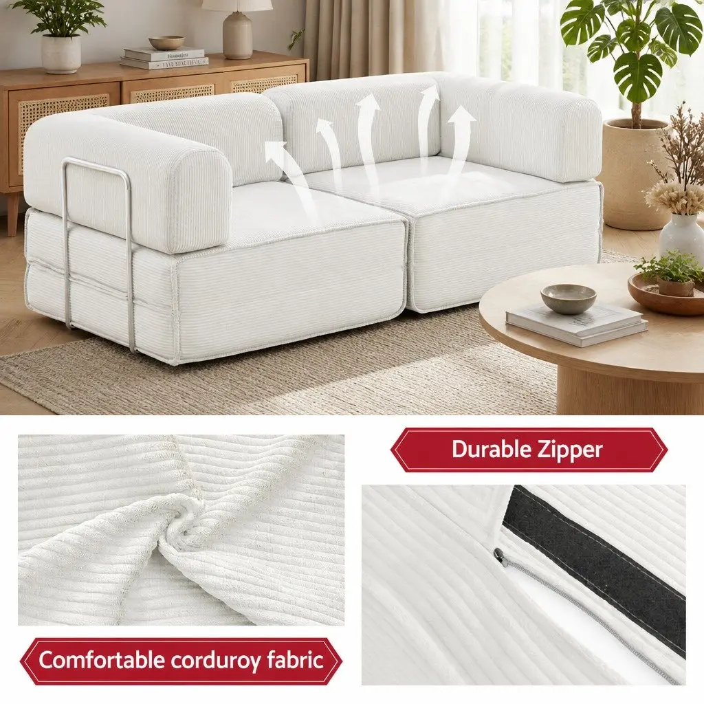 Convertible Sofa Bed Beige 2-Seater Steel Frame Corduroy Upholstery High-Density Mattress
