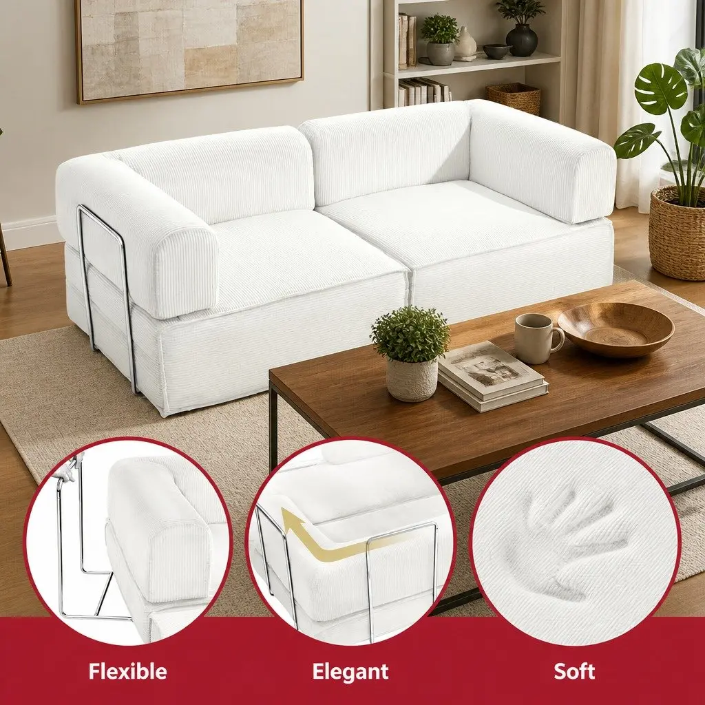 Convertible Sofa Bed Beige 2-Seater Steel Frame Corduroy Upholstery High-Density Mattress