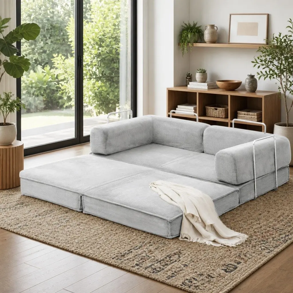 Convertible Folding Sofa Bed Grey 2-Seater Sleeper Couch Steel Frame