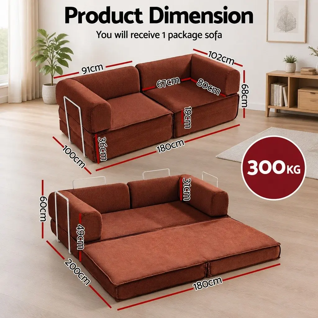 Convertible Sofa Bed Orange Corduroy 2-Seater