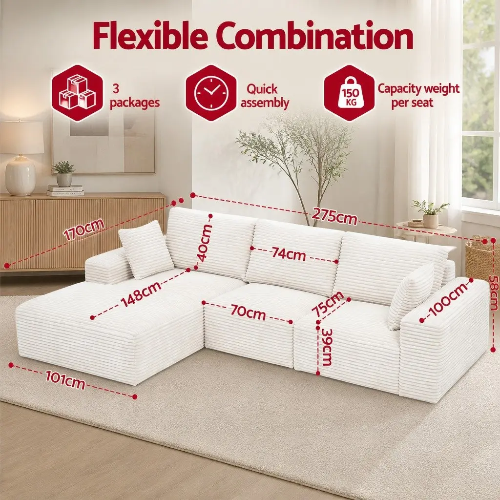 3 Seater Modular Sofa Bed L-Shaped Sectional White Corduroy