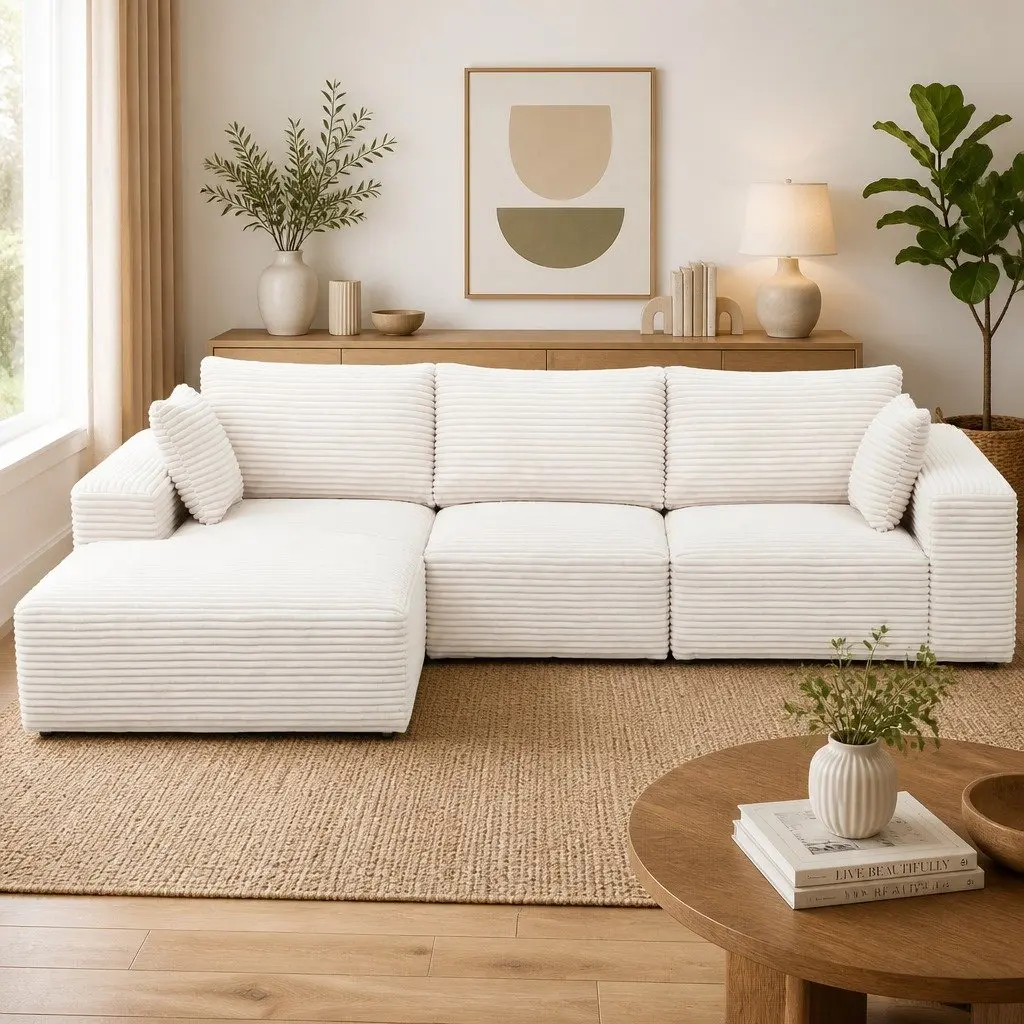 3 Seater Modular Sofa Bed L-Shaped Sectional White Corduroy