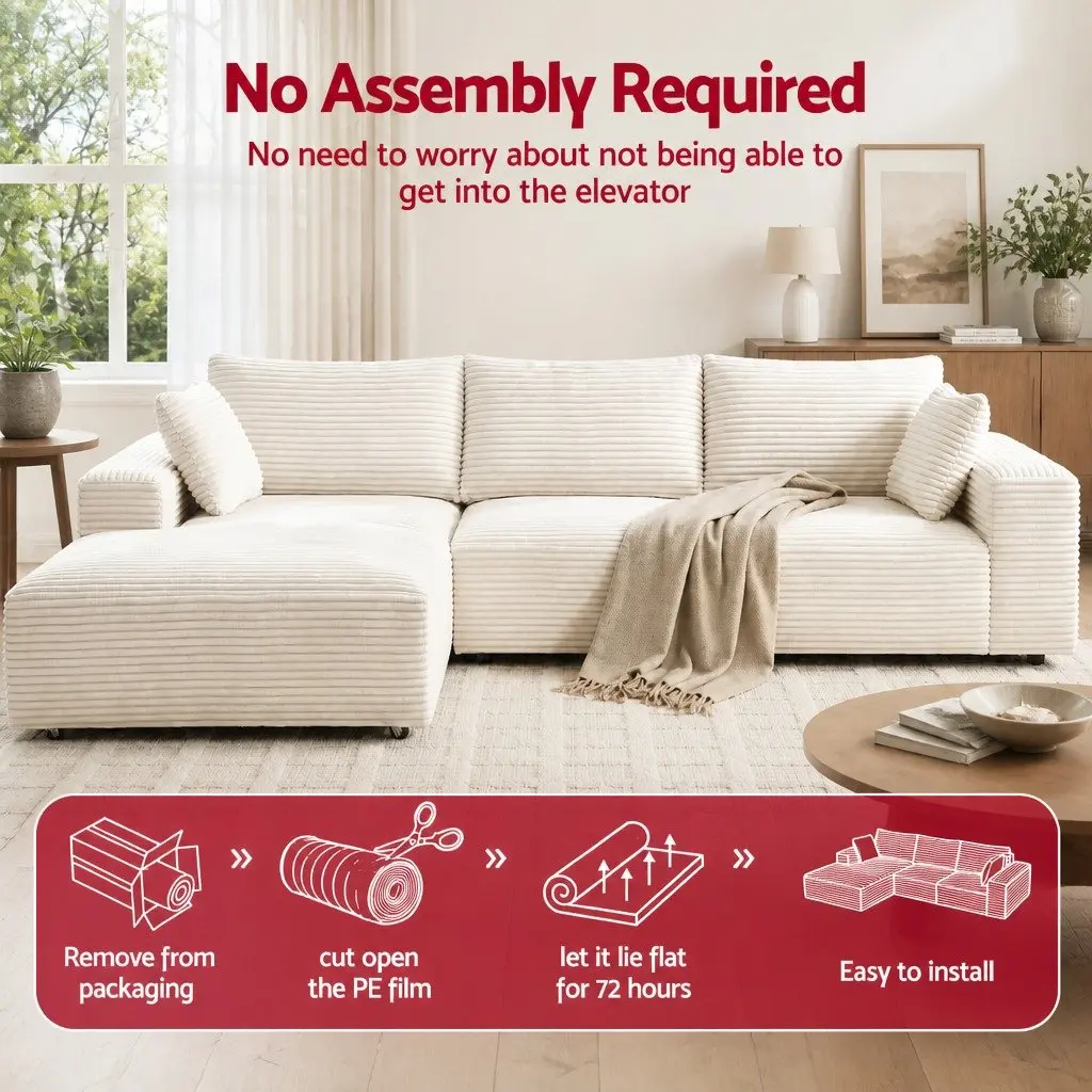 3 Seater Modular Sofa Bed L-Shaped Sectional White Corduroy