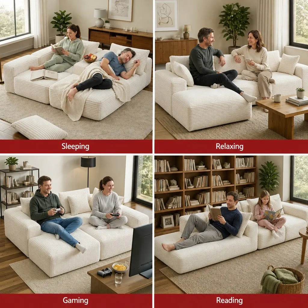 3 Seater Modular Sofa Bed L-Shaped Sectional White Corduroy