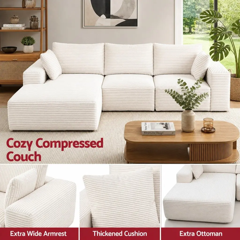 3 Seater Modular Sofa Bed L-Shaped Sectional White Corduroy