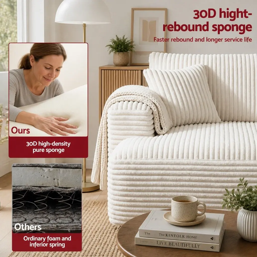 3 Seater Modular Sofa Bed L-Shaped Sectional White Corduroy