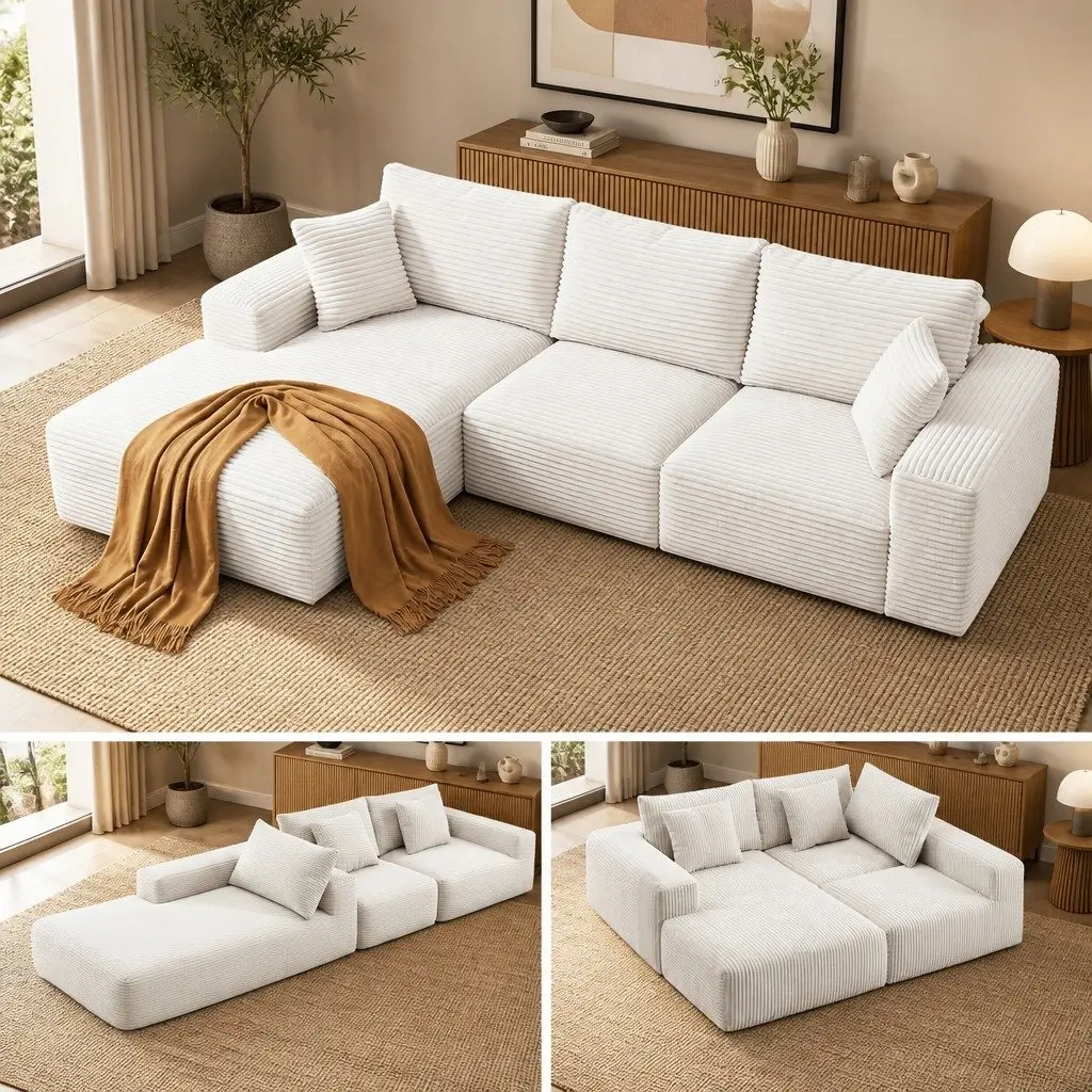 3 Seater Modular Sofa Bed L-Shaped Sectional White Corduroy
