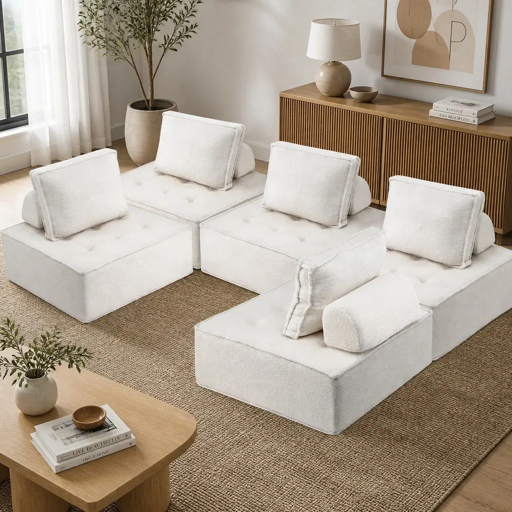 Floor Sofa Lounge Chair 5 Seater White Cushion with Removable Pillow