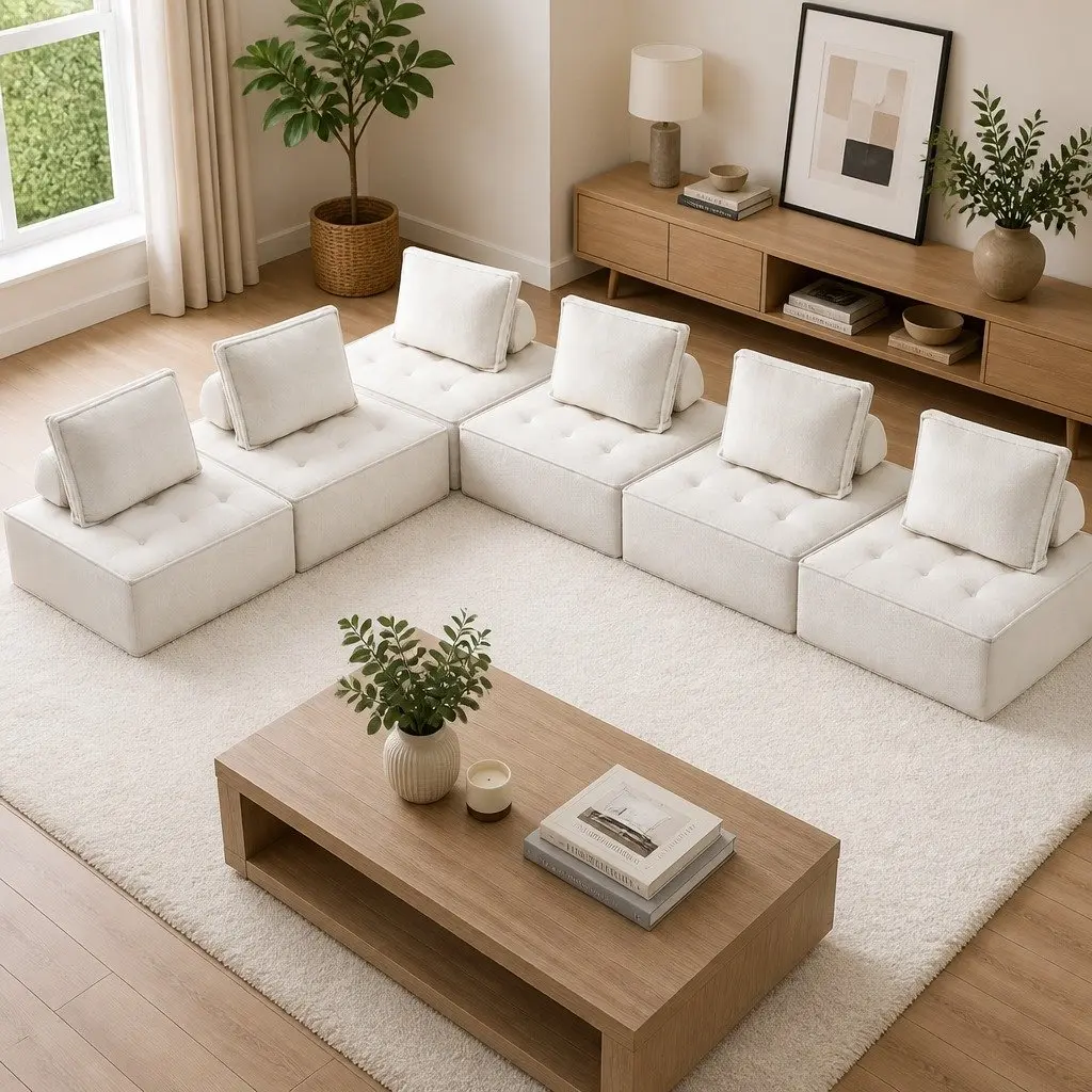 Floor Sofa Lounge Chair Removable Pillow 6 Seater White