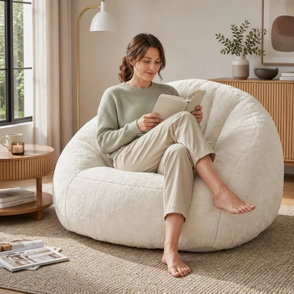 Shell-Shaped Boneless Couch Soft Faux Fur Single Seat Floor Lounge Chair 130cm