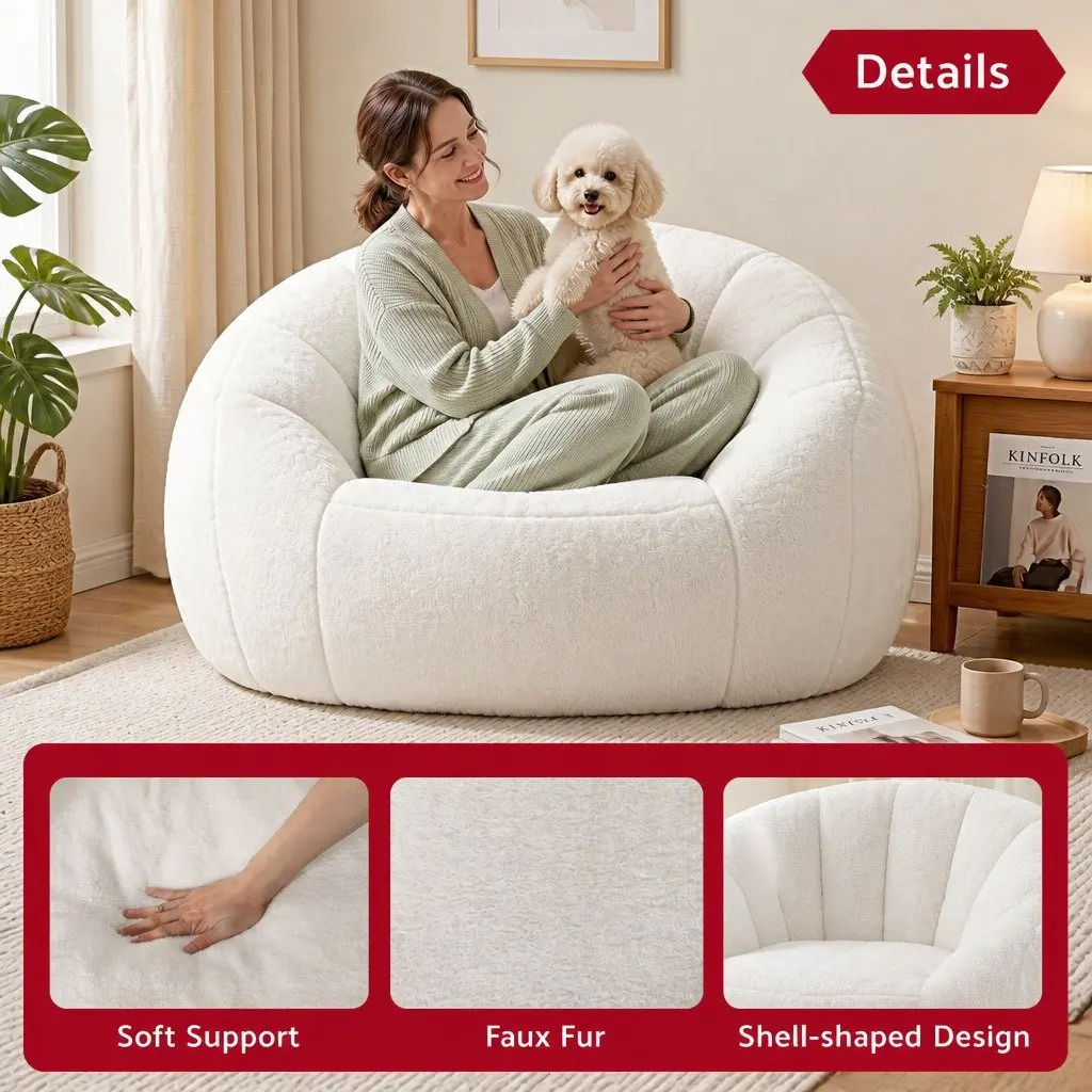 Shell-Shaped Boneless Couch Soft Faux Fur Single Seat Floor Lounge Chair 130cm