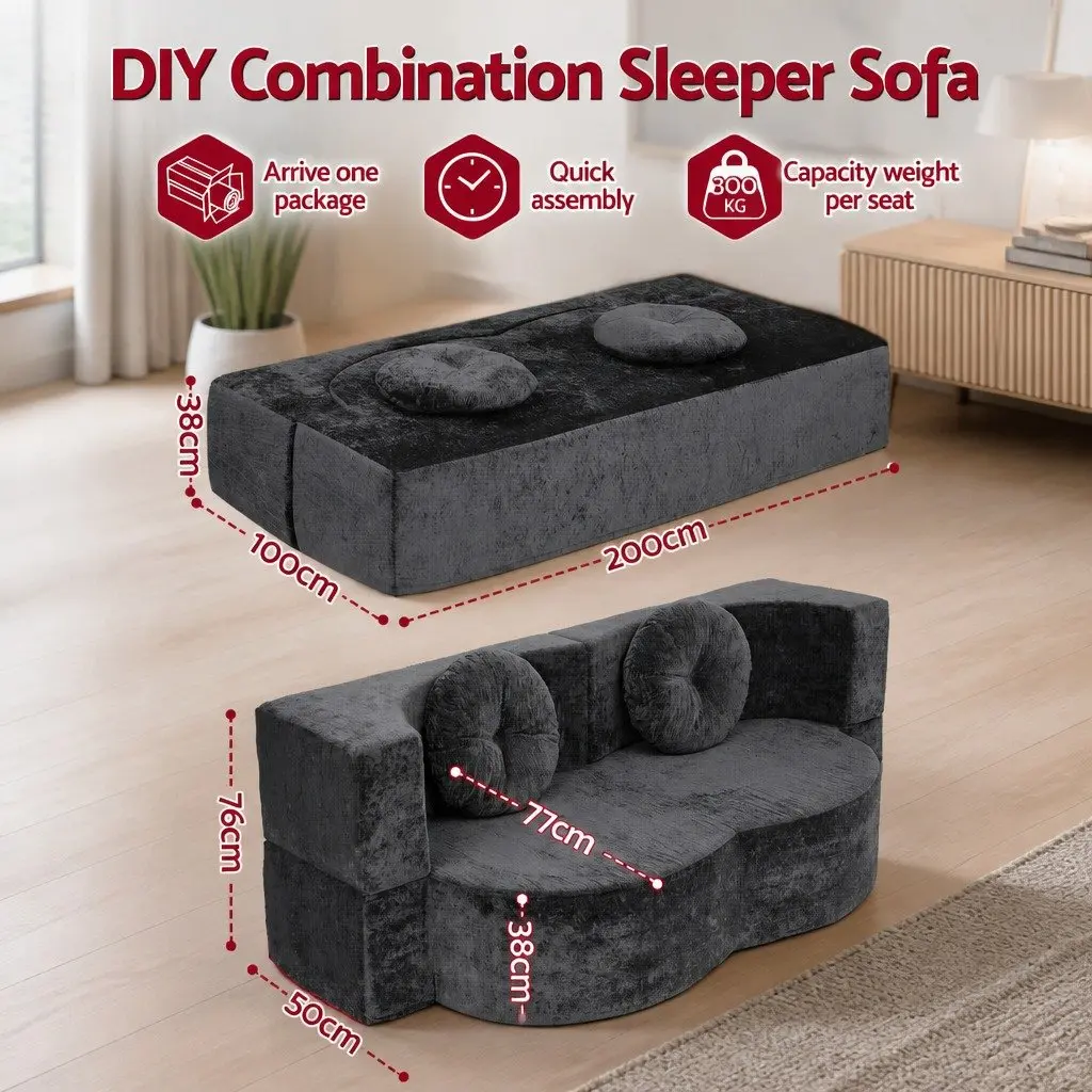 Convertible Sofa Bed Grey 2 in 1 Folding Loveseat Sleeper Couch