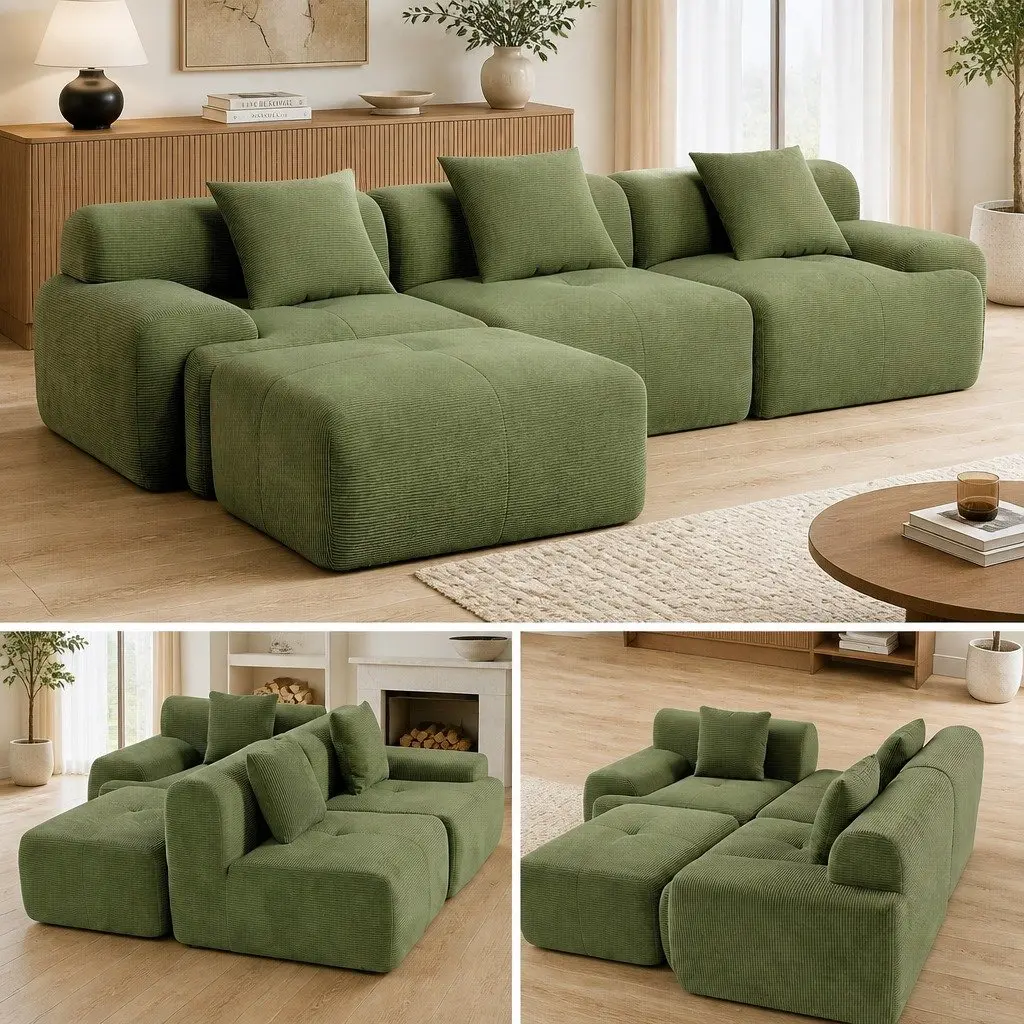 Modular Sofa Bed 300cm L-Shaped Sectional Boneless Couch Green Lounge Furniture