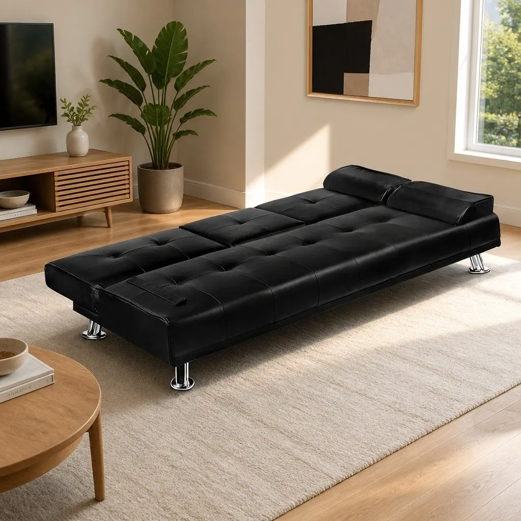 3 Seater Sofa Bed Convertible Recliner Black Faux Leather