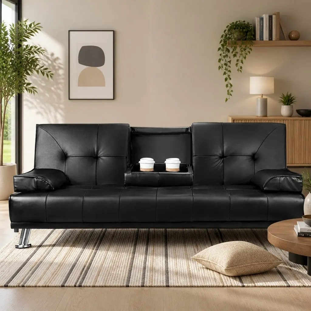 3 Seater Sofa Bed Convertible Recliner Black Faux Leather