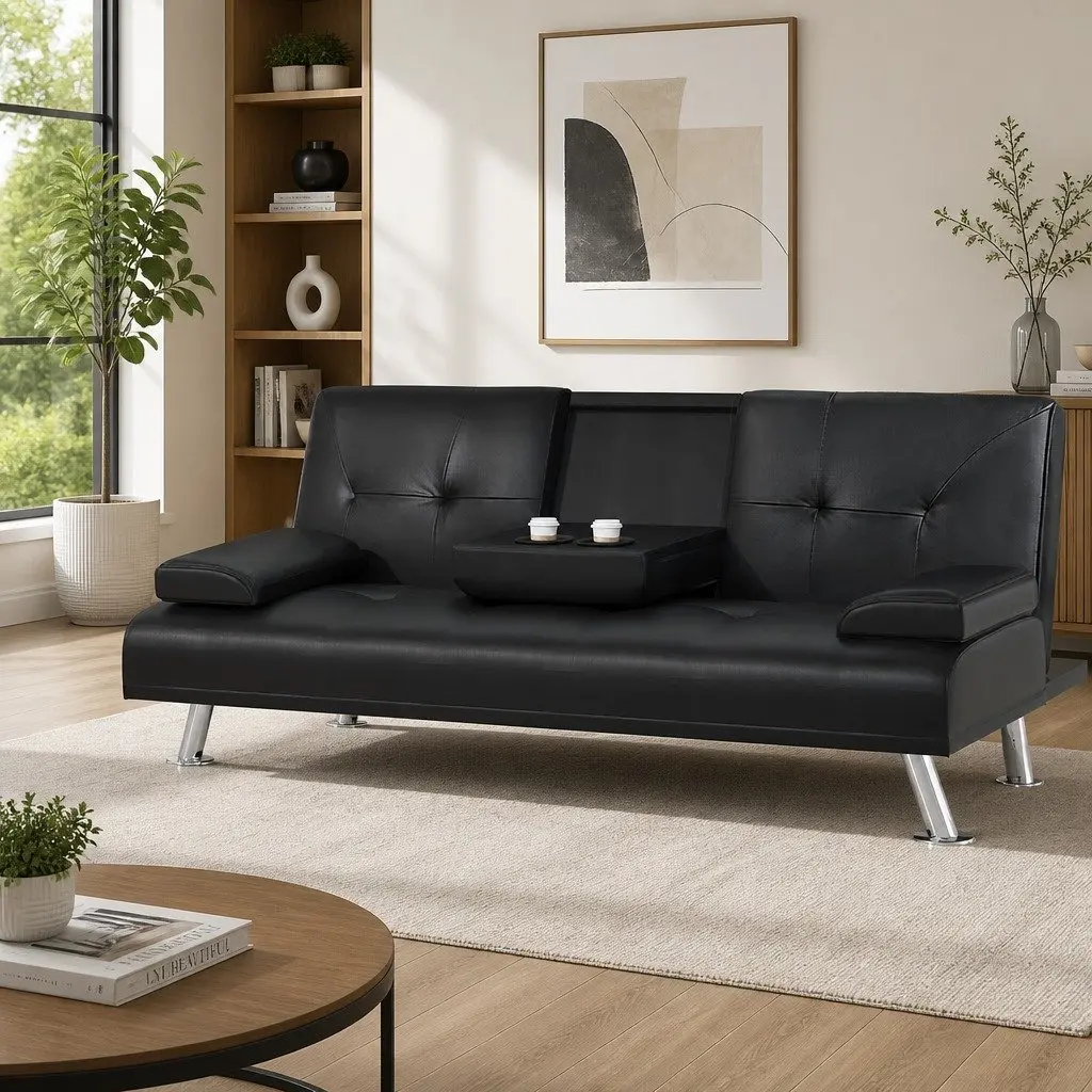3 Seater Sofa Bed Convertible Recliner Black Faux Leather