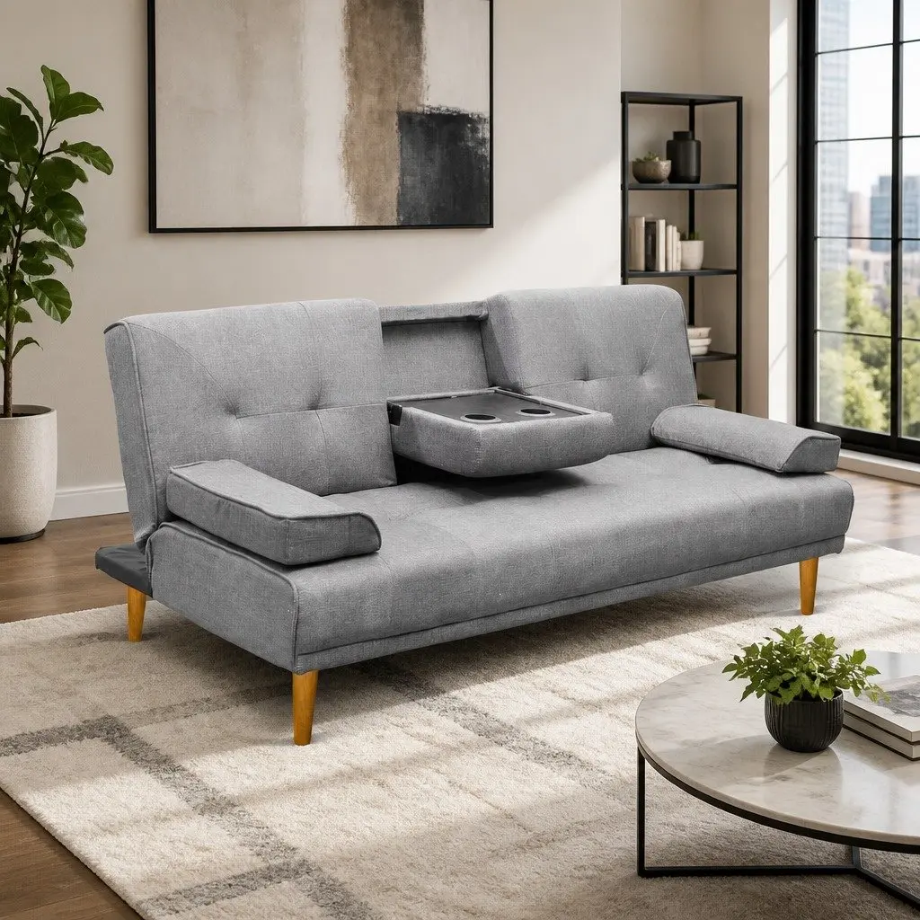 3-Seater Sofa Bed 188cm Grey Faux Linen Convertible Couch Adjustable Backrest