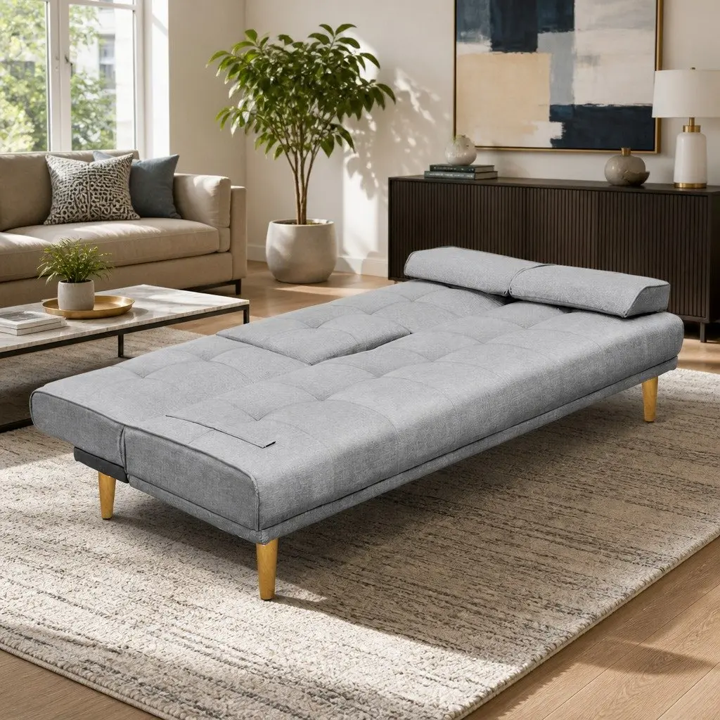 3-Seater Sofa Bed 188cm Grey Faux Linen Convertible Couch Adjustable Backrest