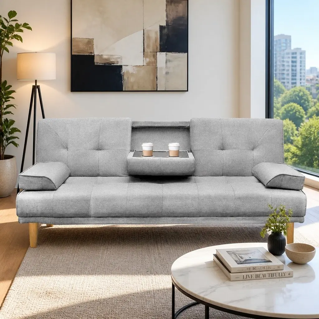 3-Seater Sofa Bed 188cm Grey Faux Linen Convertible Couch Adjustable Backrest