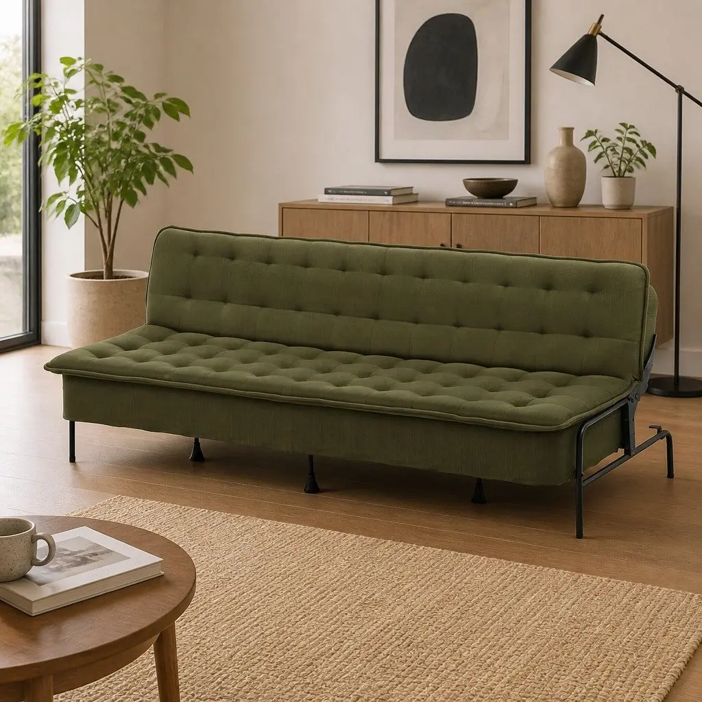 3-Seater Sofa Bed Adjustable Innerspring Couch Olive Green Polyester