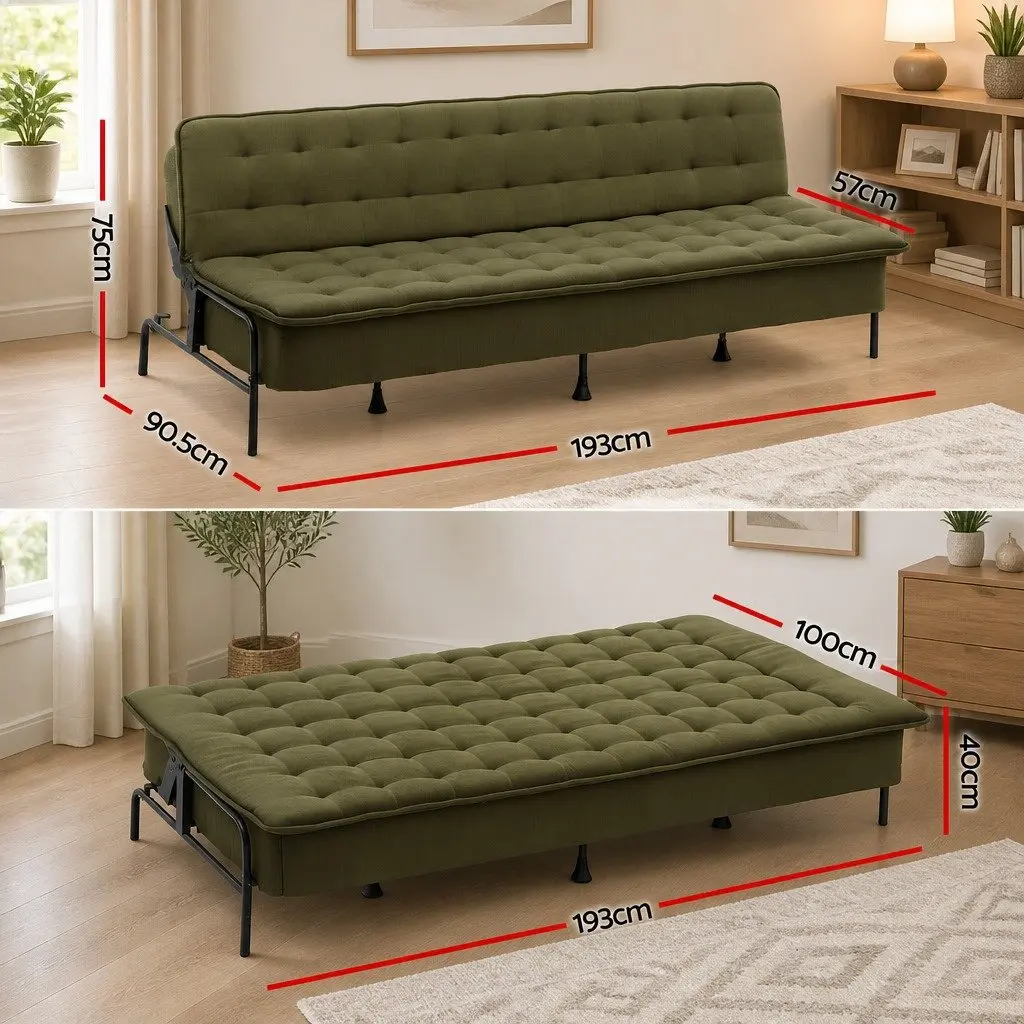 3-Seater Sofa Bed Adjustable Innerspring Couch Olive Green Polyester