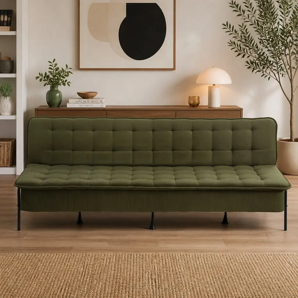 3-Seater Sofa Bed Adjustable Innerspring Couch Olive Green Polyester