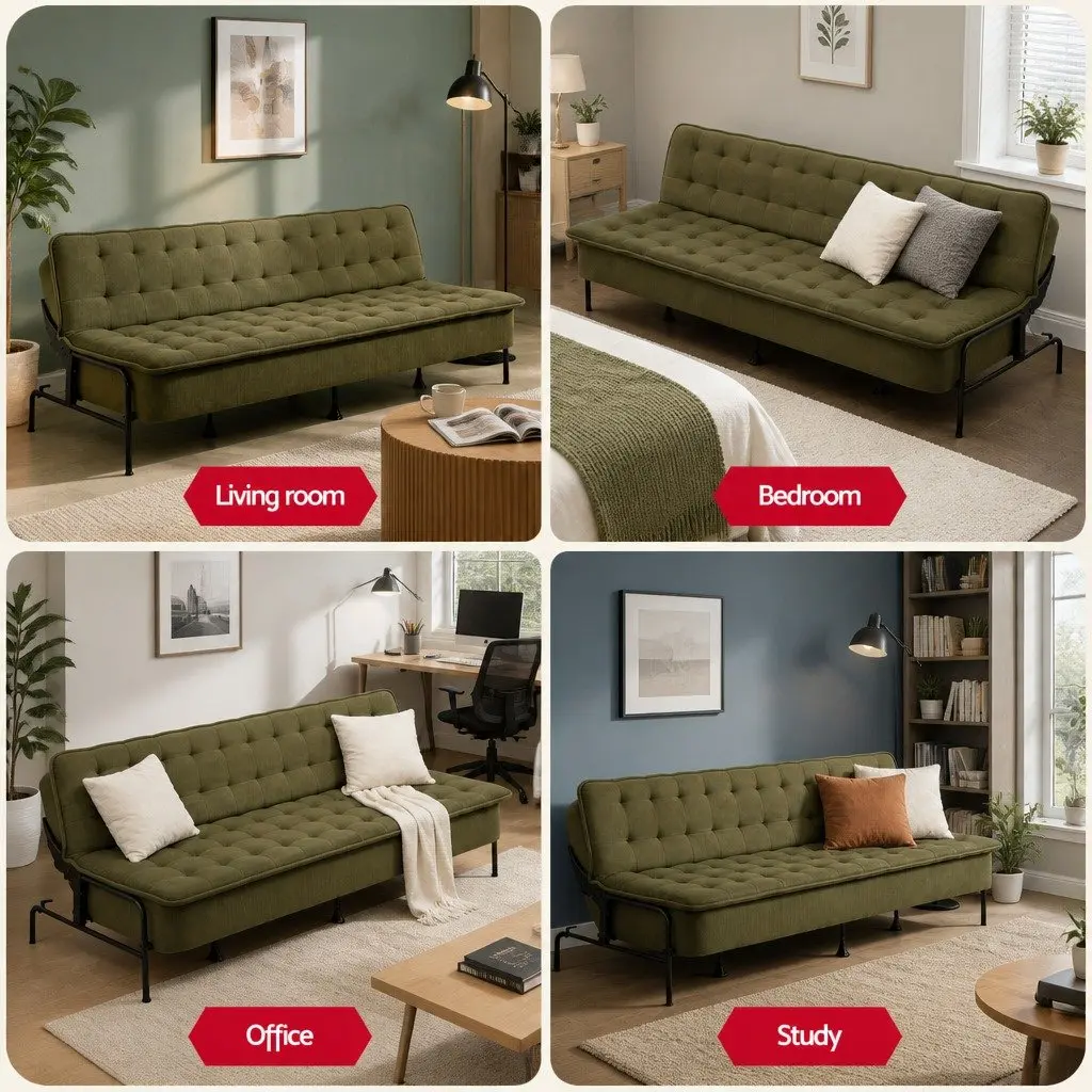 3-Seater Sofa Bed Adjustable Innerspring Couch Olive Green Polyester