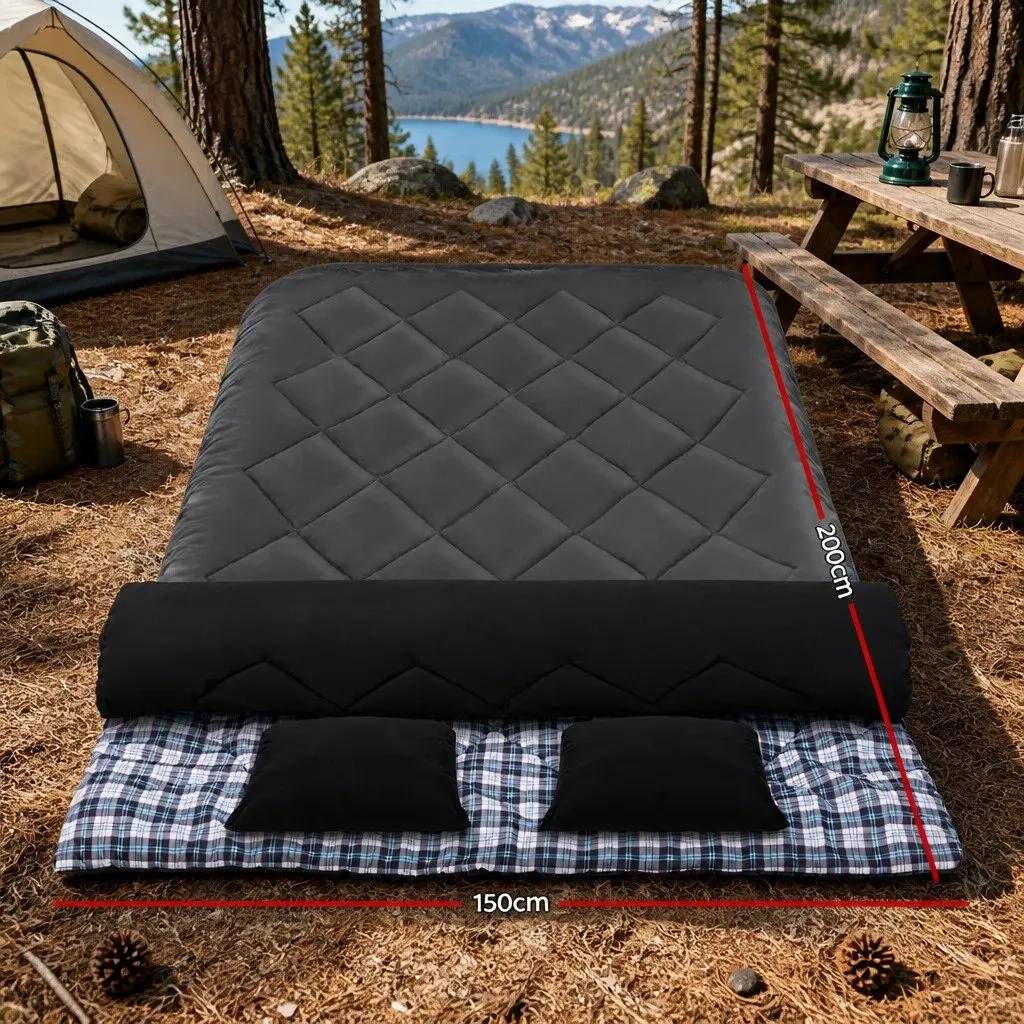 Double Sleeping Bag -10°C Thermal Camping Hiking Grey 220cm x 150cm