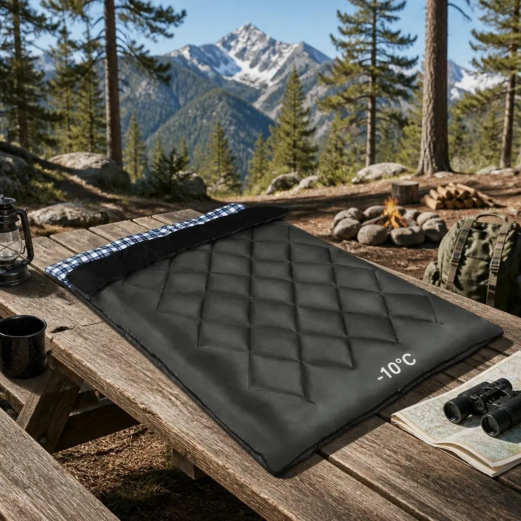 Double Sleeping Bag -10°C Thermal Camping Hiking Grey 220cm x 150cm
