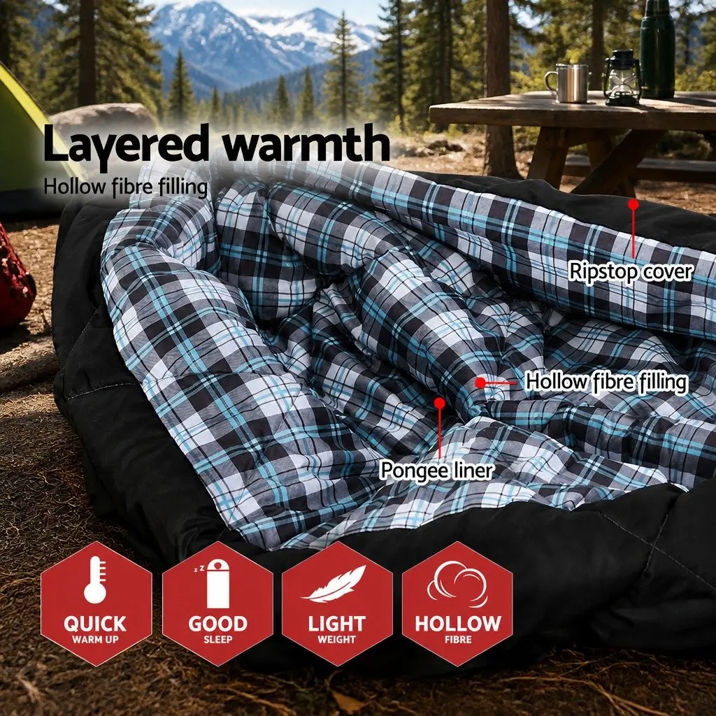 Double Sleeping Bag -10°C Thermal Camping Hiking Grey 220cm x 150cm