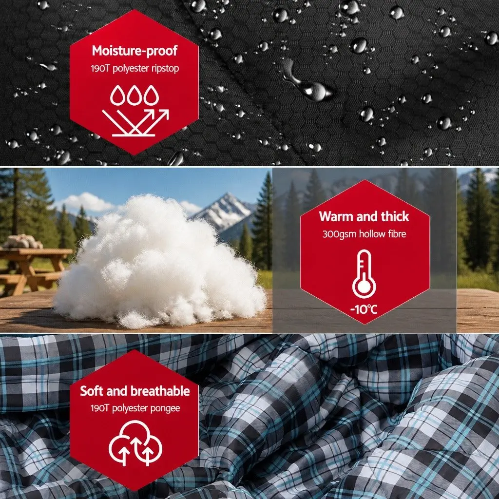 Double Sleeping Bag -10°C Thermal Camping Hiking Grey 220cm x 150cm