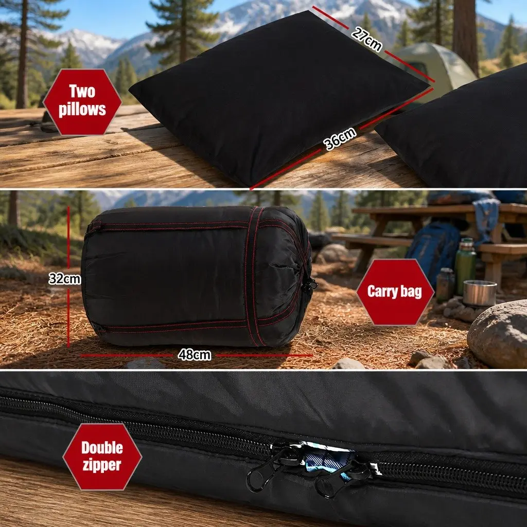 Double Sleeping Bag -10°C Thermal Camping Hiking Grey 220cm x 150cm