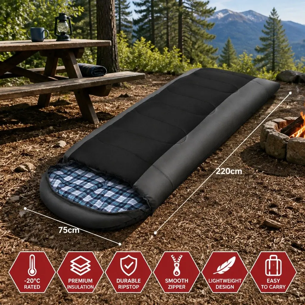 Single Sleeping Bag Waterproof Thermal -20°C 208cm x 82cm Black Grey