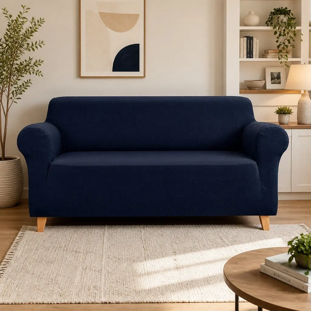 Sofa Cover Stretch Elastic Knitted Fabric 3 Seater Couch Protector Navy