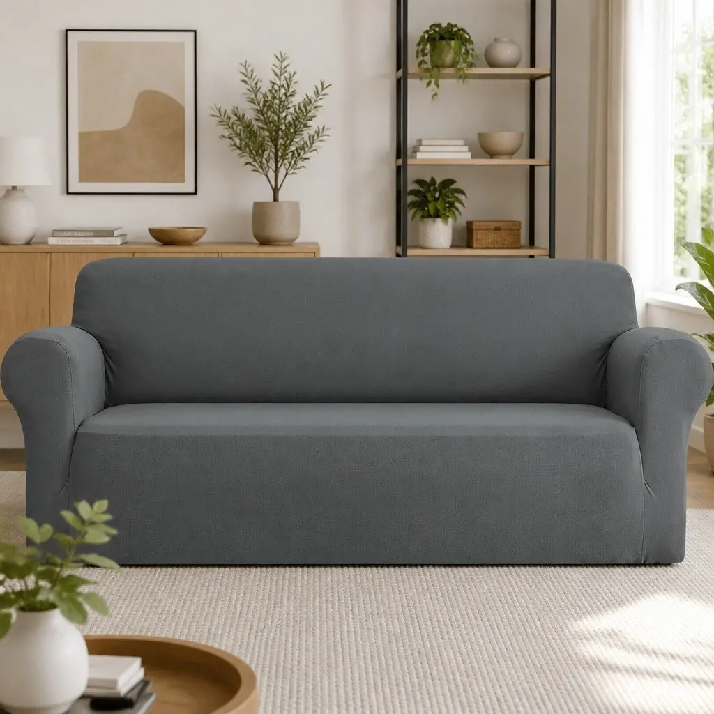 4 Seater Sofa Cover Stretch Knitted Fabric Grey Couch Protection Easy Install