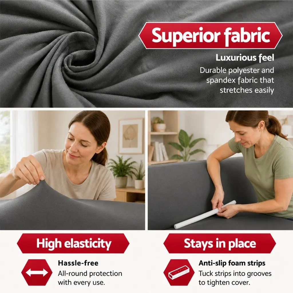 4 Seater Sofa Cover Stretch Knitted Fabric Grey Couch Protection Easy Install
