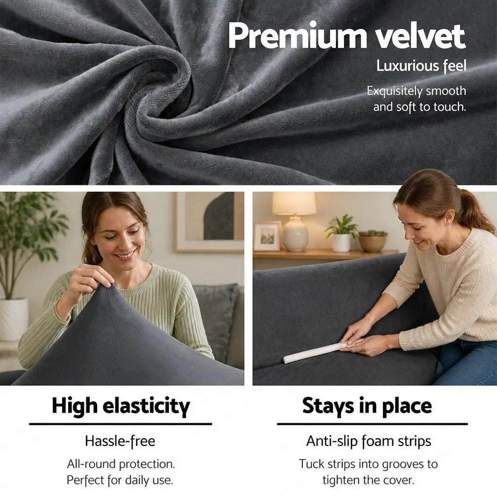Sofa Cover Velvet Grey Stretchable 2 Seater Furniture Protection